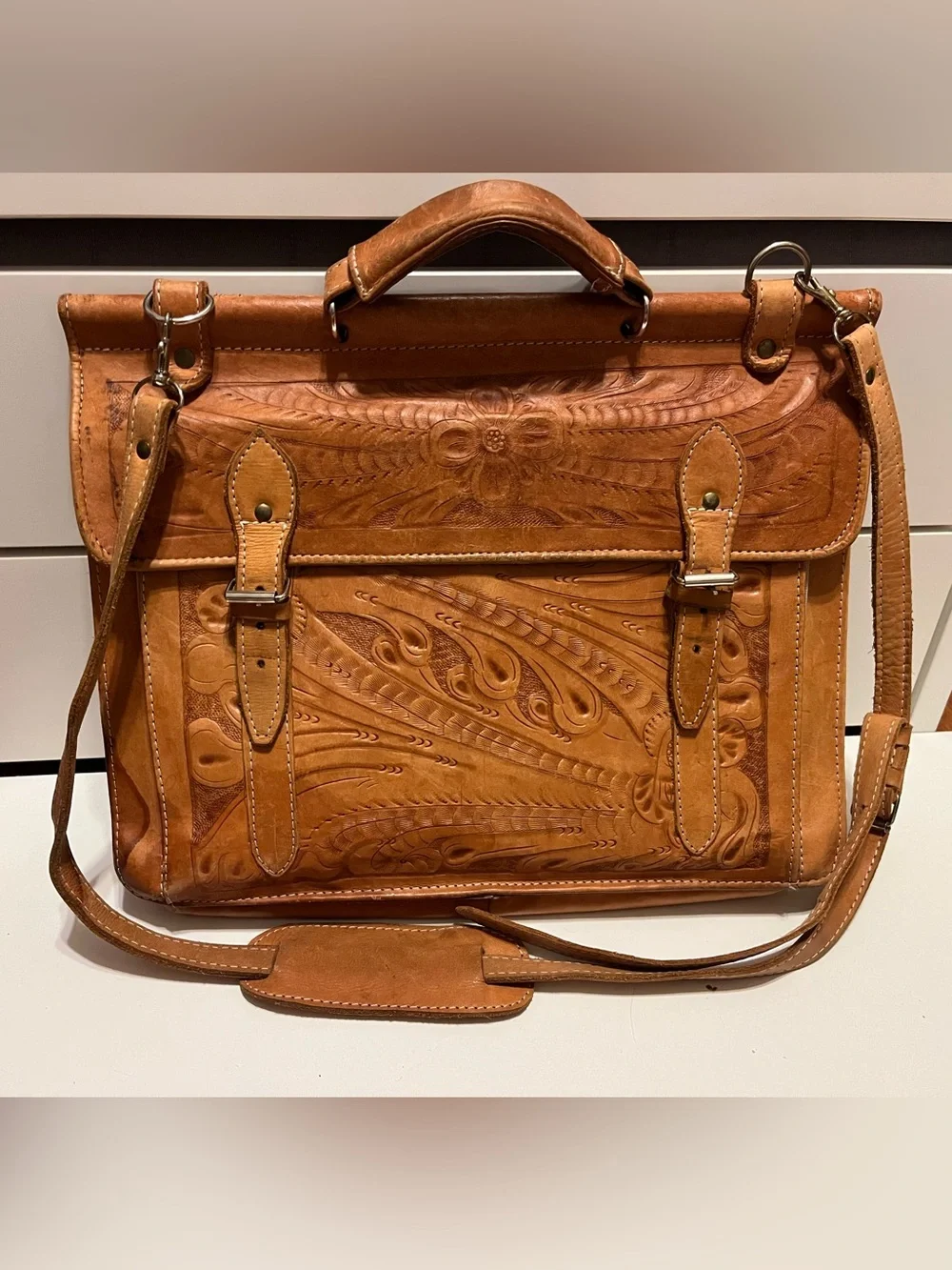 Hand-Tooled Vintage Leather Satchel Bag in Tan